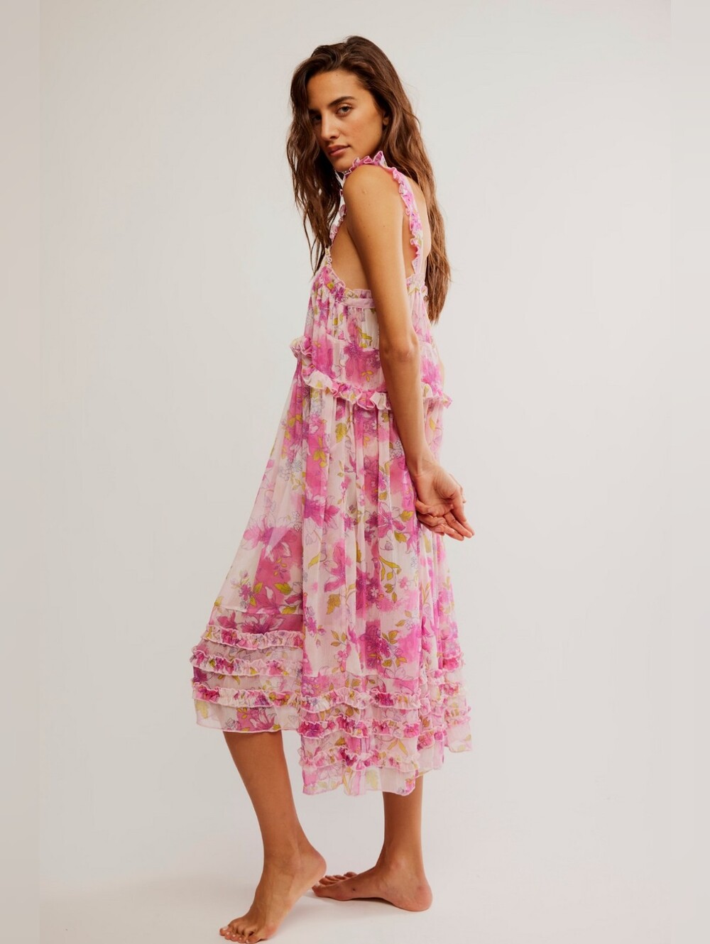 Free People Intimately Sheer Pink Floral Ruffle Moon Phase Midi Small NWT